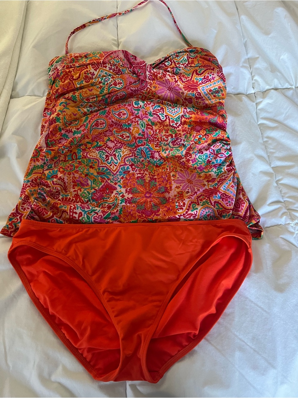 Women’s Multicolor Paisley Tankini with Bright Orange Bottoms